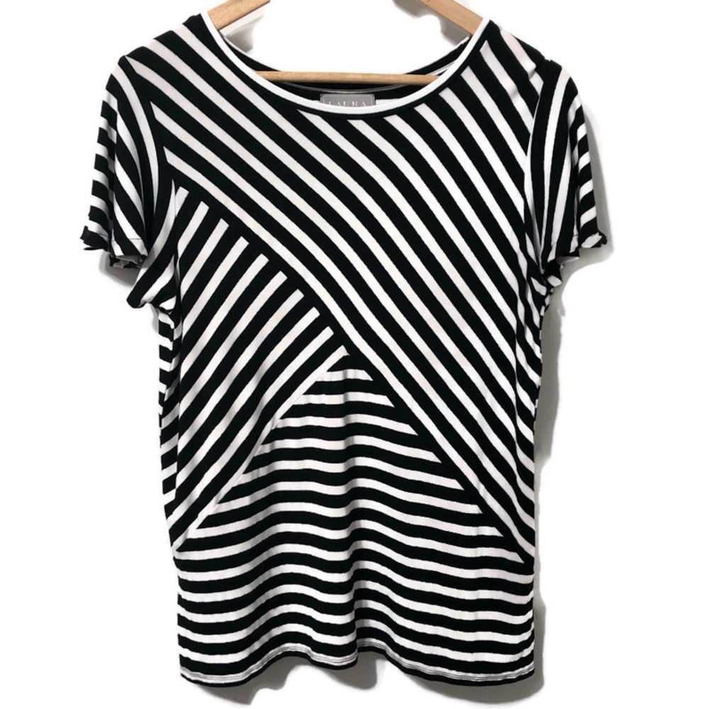 LAURA Black & White Striped Asymetric Top Size L